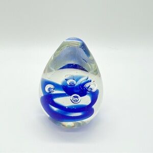Paperweight Clear Blue Ribbon Bubbles 3.5" Egg Shaped Heavy Glass